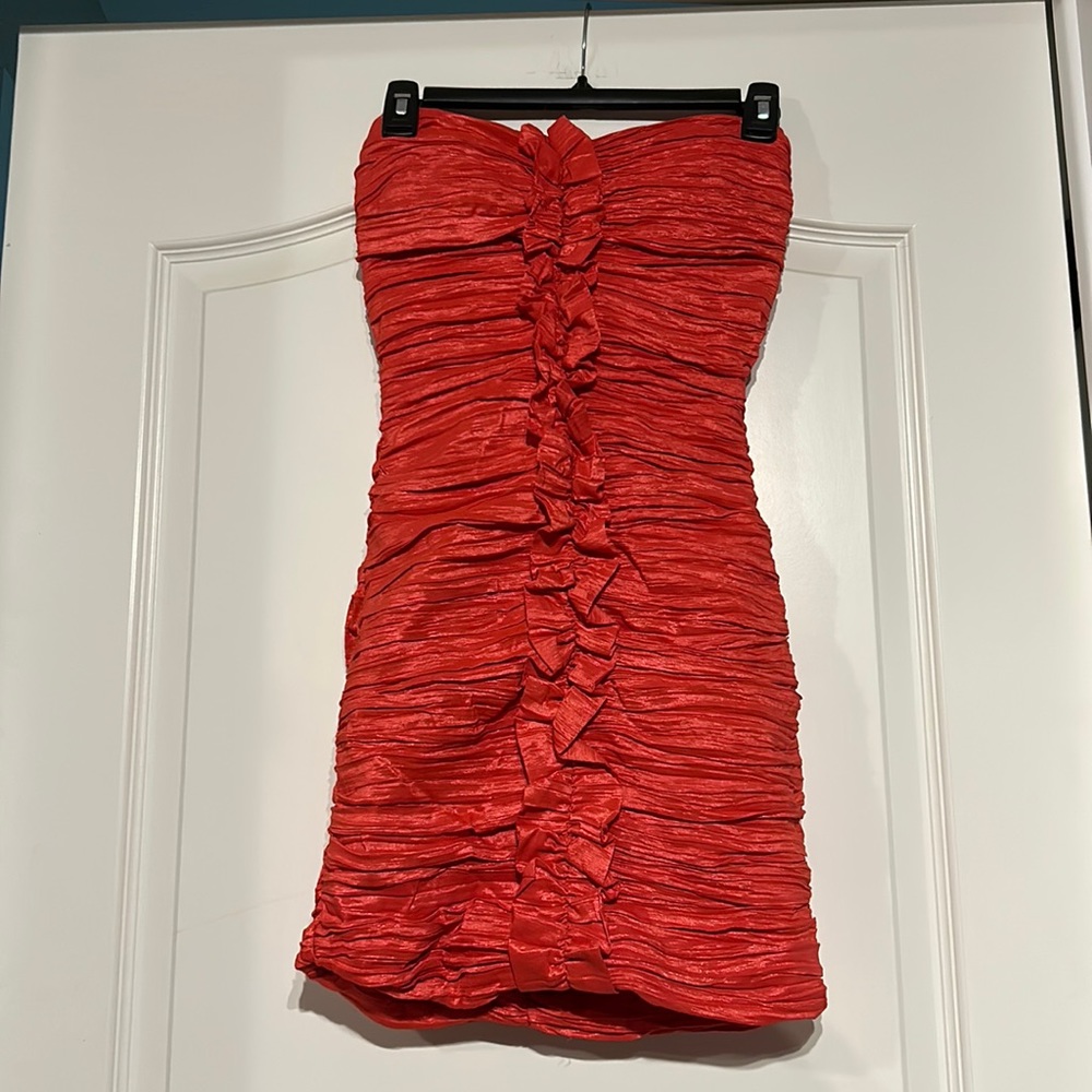 Coral colored strapless rouched dress. Size 5